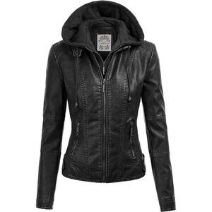 Made By Johnny Faux Leather Jacket Women Motorcycle Coat with Removable Hood
